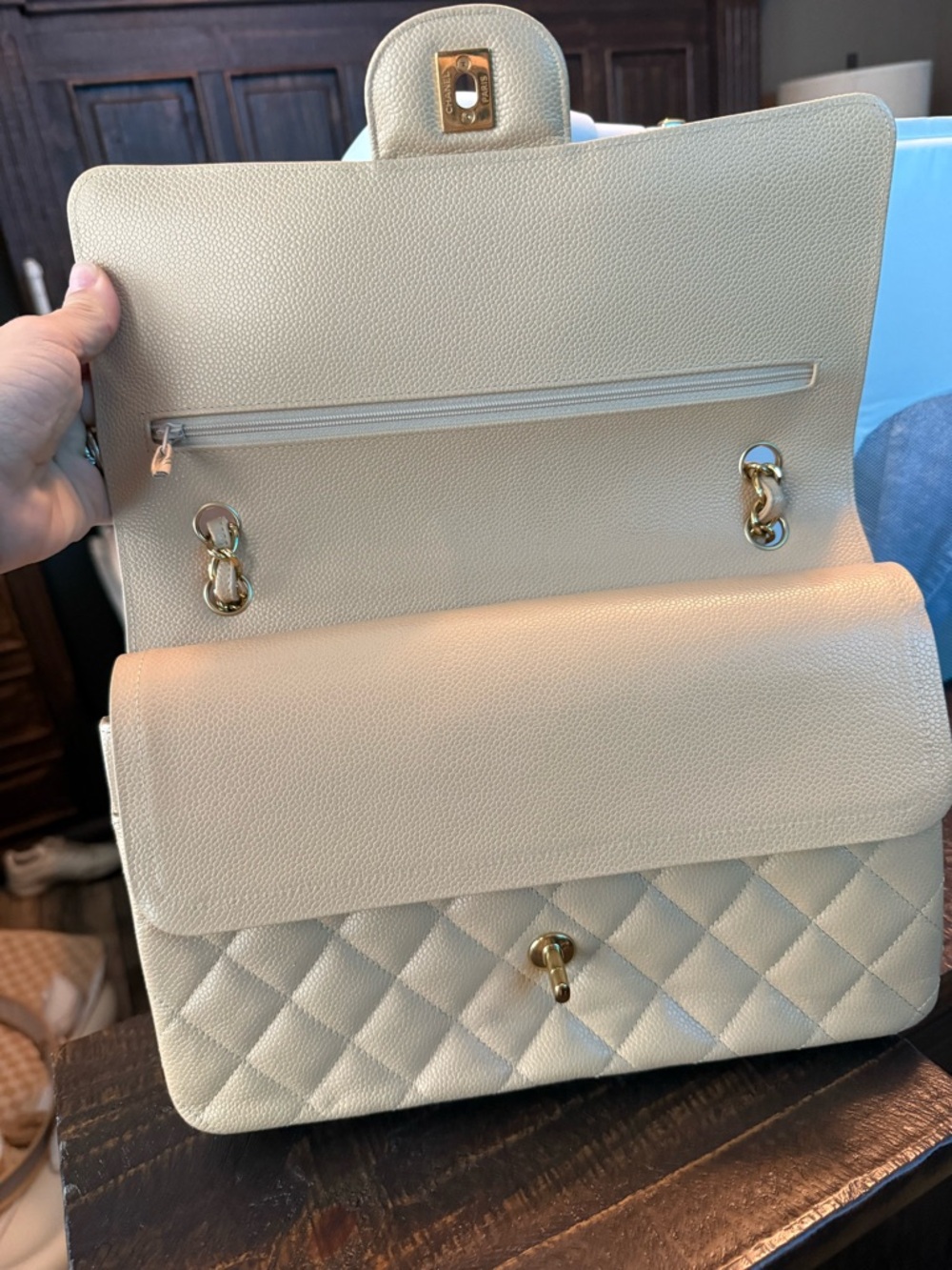 CHANEL Quilted Beige Caviar Leather Double Flap Shoulder Bag with Gold Hardware - Picture 4 of 11